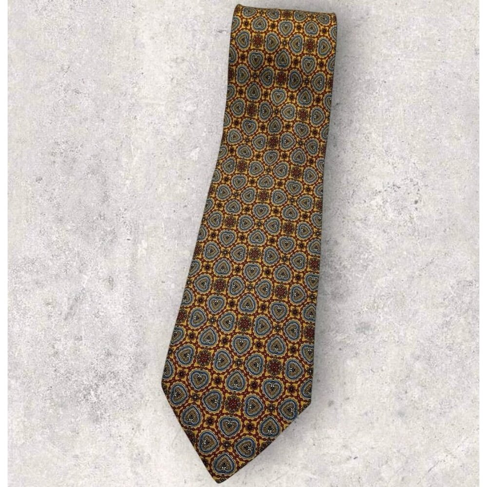 S.T. DUPONT Silk Tie ITALY XL Gold Blue Burgundy Geometric Art W:3.6" EUC